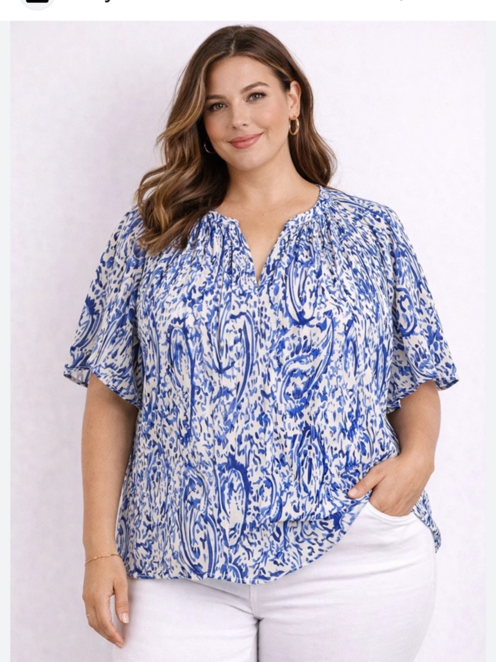 Tahari Woman 1X Flutter Sleeve Blouse Blue White V-Neck Lined Top NWT
